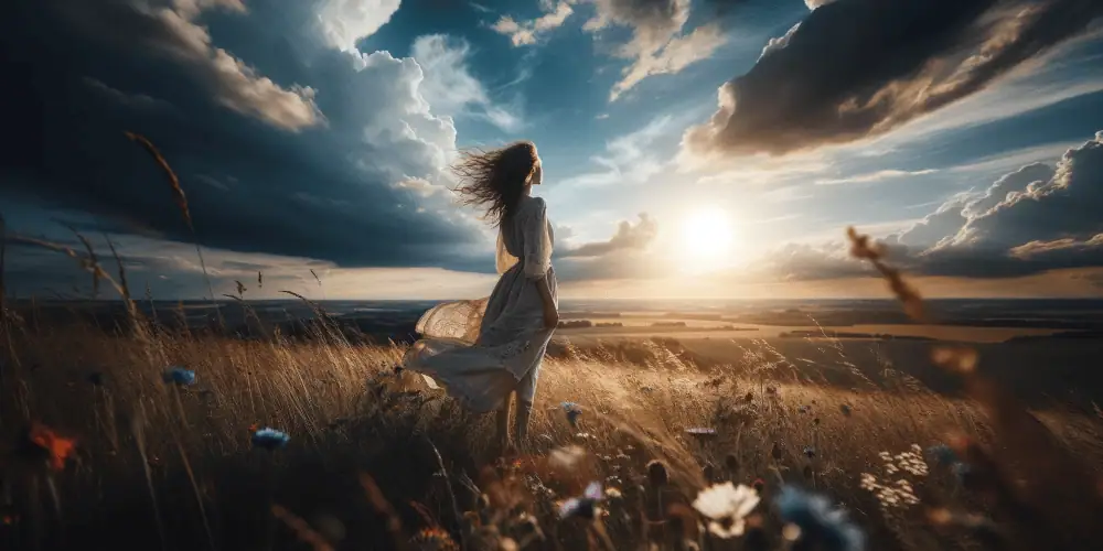 frau steht auf einem feld und überlegt